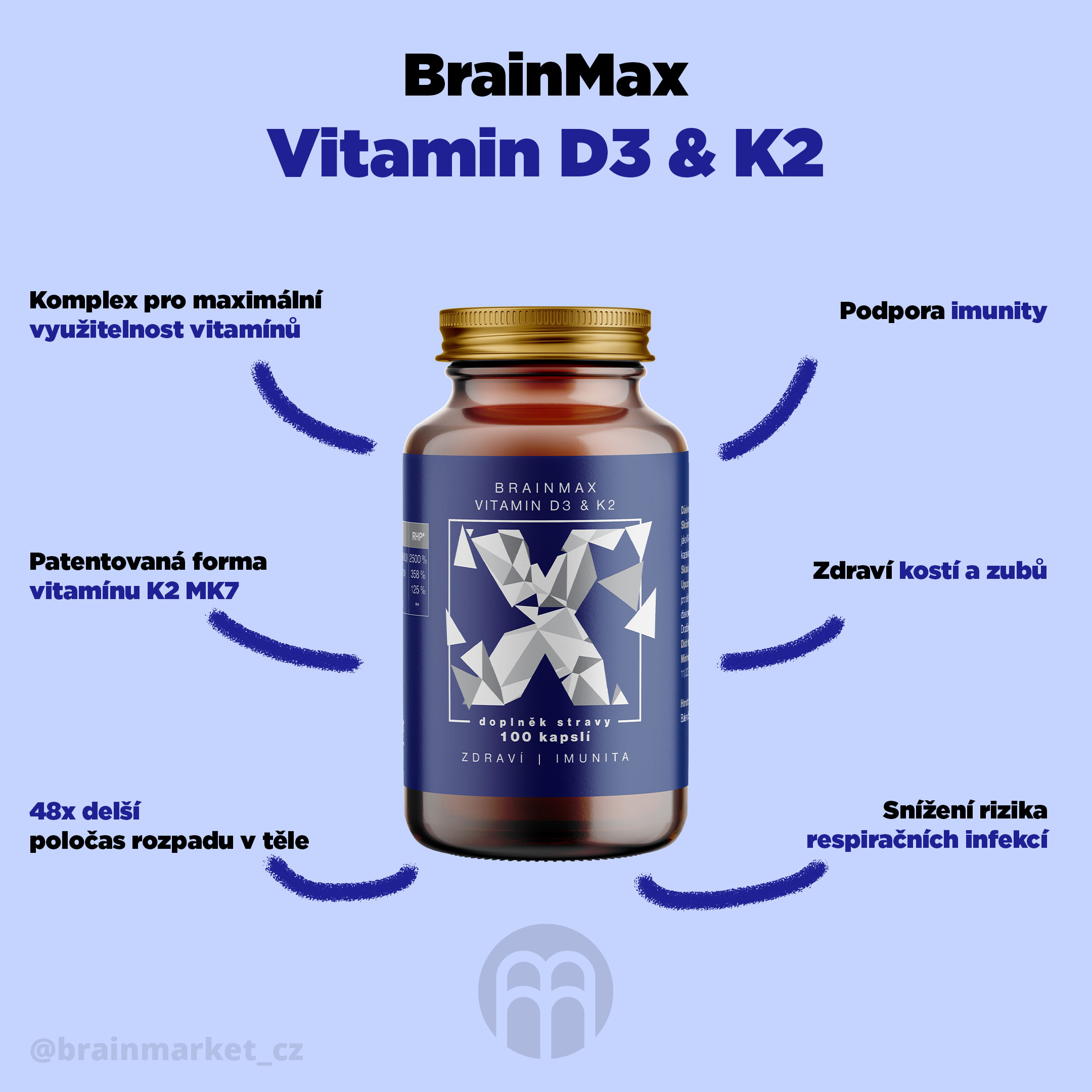 BrainMax Vitamin D3 & K2, D3 5000 IU / K2 jako MK7 150 mcg, 100 kapslí